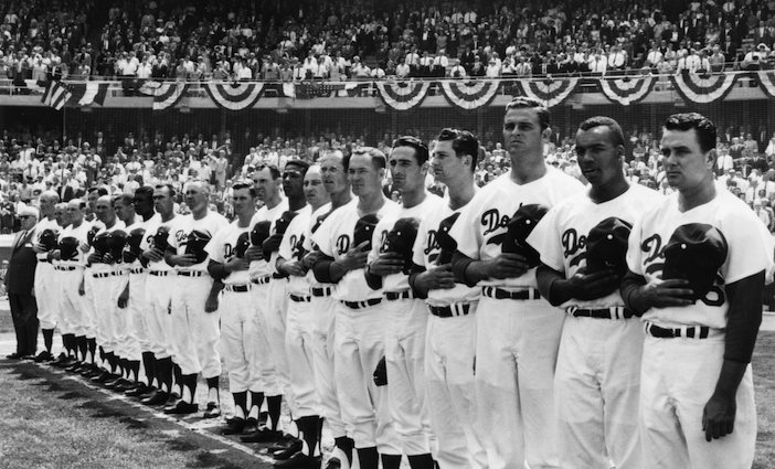 The Dodgers lineup on Opening Day at Dodger Stadium, April 10, 1962.