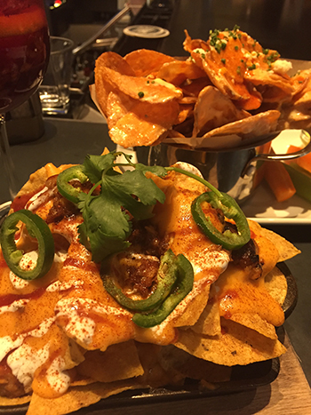 Pulled pork nachos and buffalo blue cheese chips