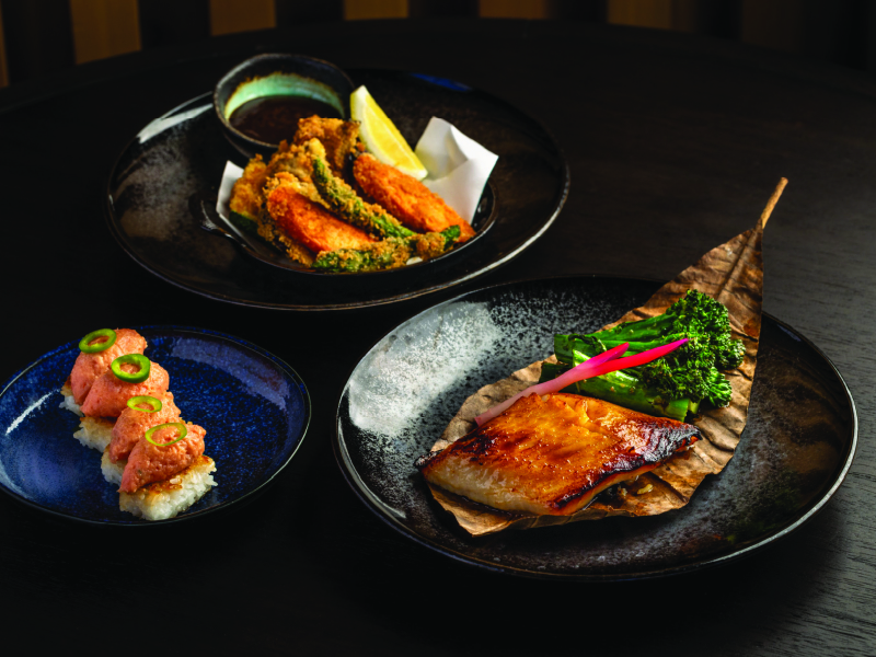 Katsuya's dishes: Spicy Tuna Crispy Rice, Baked Crab Handrolls, Miso Cod.